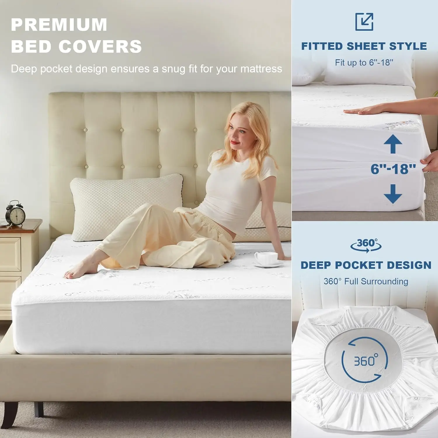 Protector de Colchón Impermeable de Bambú Refrigerante BEDLORE, Cubre Colchón Médico Tamaño King con Falda Elástica, Blanco, Lavable a Máquina - Thumbnail 4