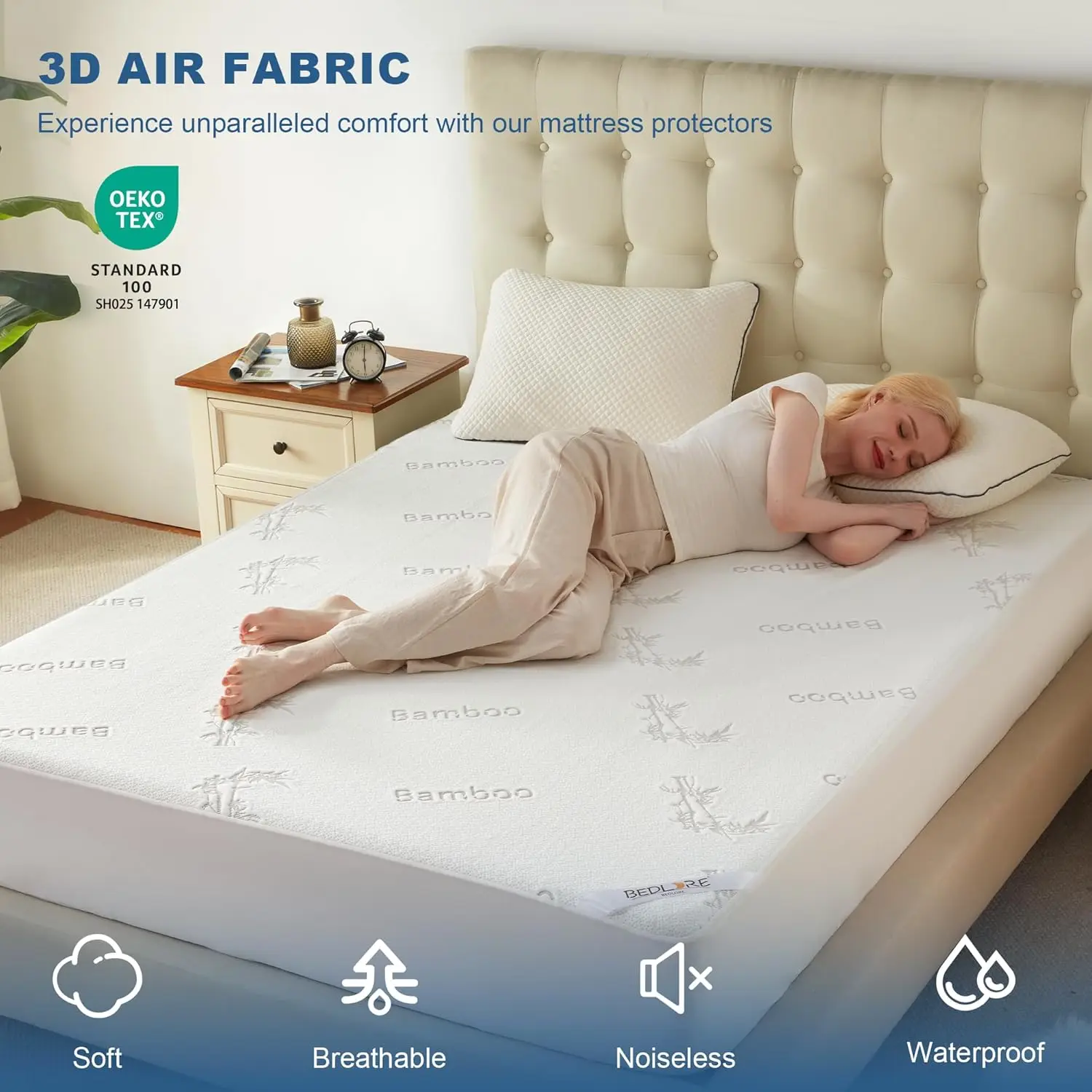 Protector de Colchón Impermeable de Bambú Refrigerante BEDLORE, Cubre Colchón Médico Tamaño King con Falda Elástica, Blanco, Lavable a Máquina - Thumbnail 3