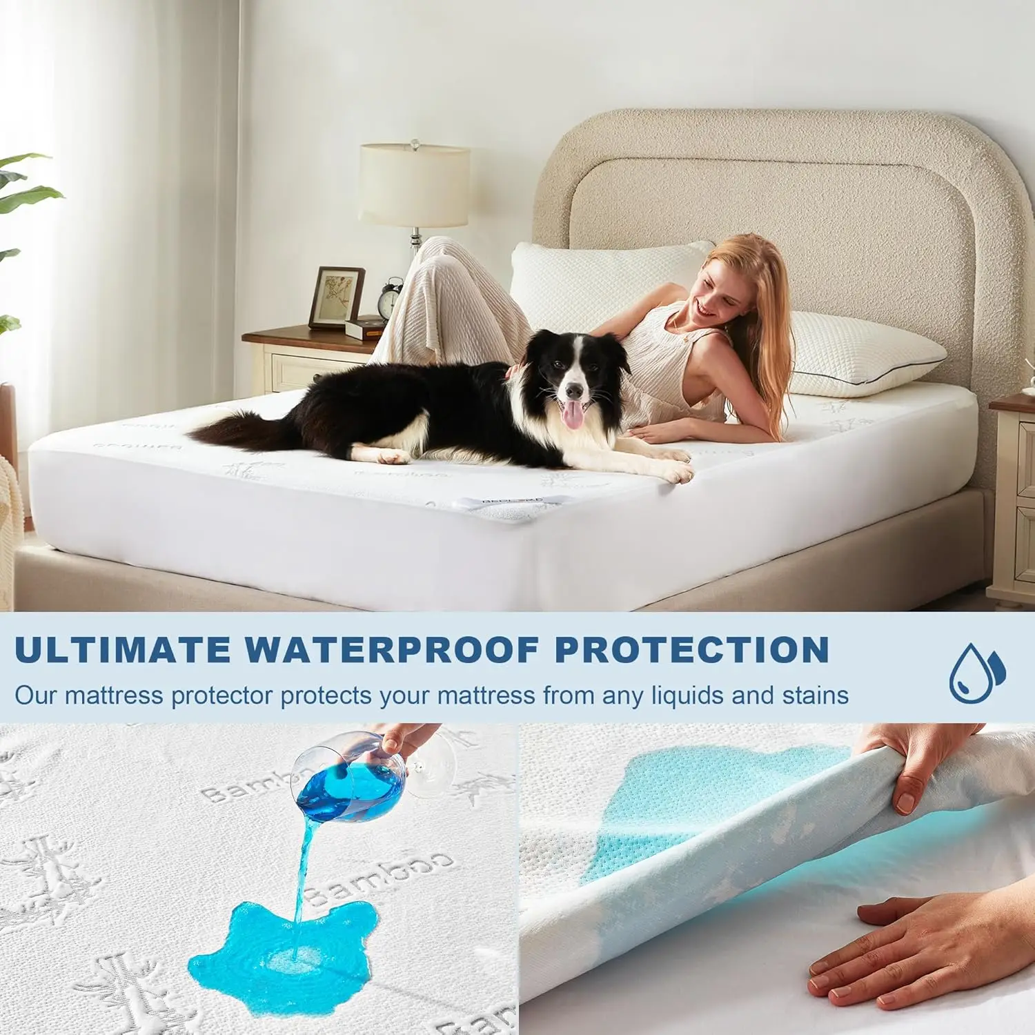 Protector de Colchón Impermeable de Bambú Refrigerante BEDLORE, Cubre Colchón Médico Tamaño King con Falda Elástica, Blanco, Lavable a Máquina - Thumbnail 2
